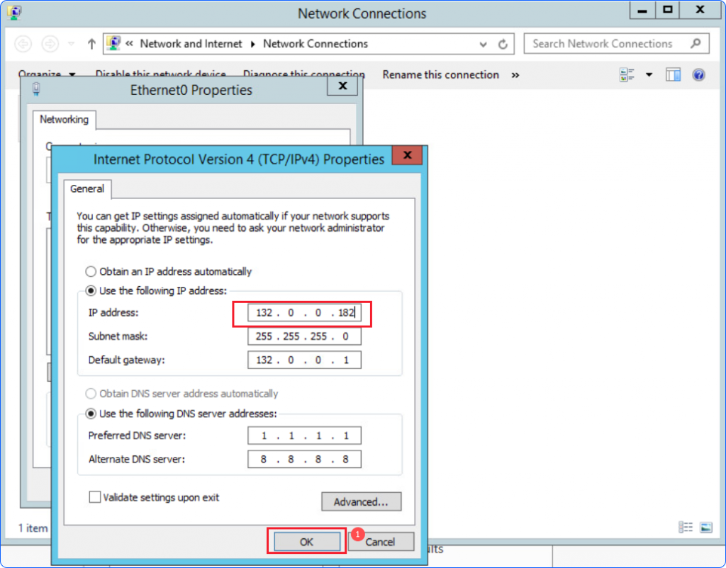NIC VM window network setting config IPv4 ok